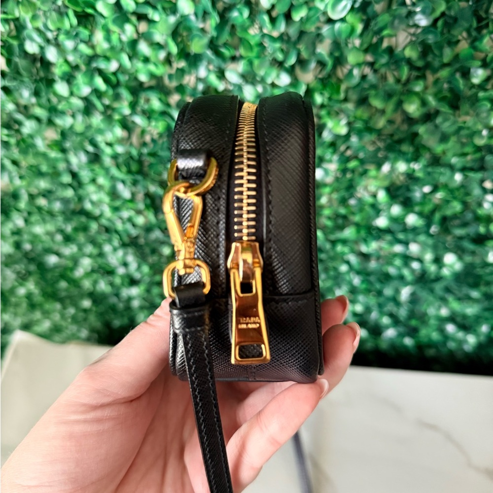 Prada Black Saffiano Leather Mini Camera Bag with Gold Logo Authentic - Picture 5 of 13